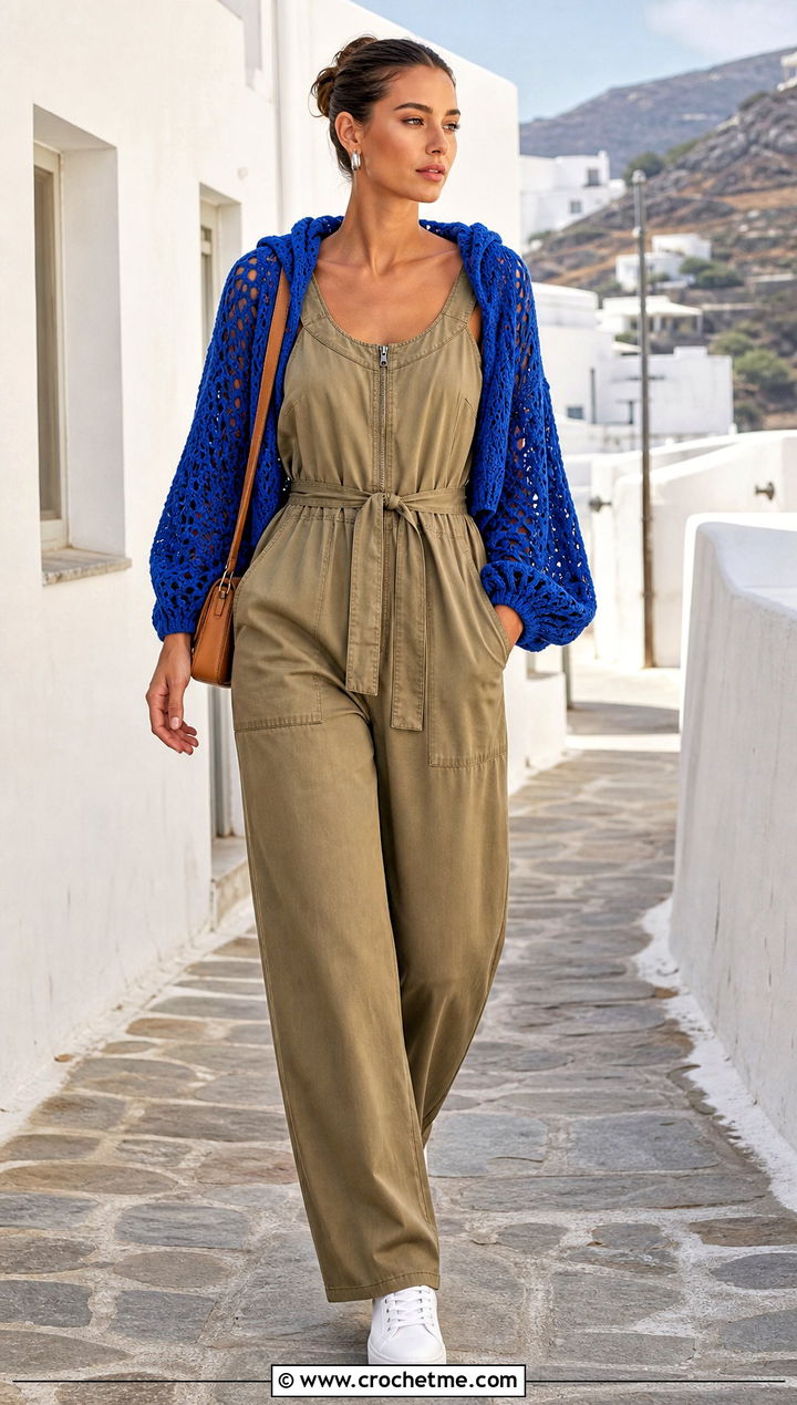 Balloon Sleeve Hooded Crochet Shrug With Jumpsuit - 25 hooded crochet shrug outfit ideas