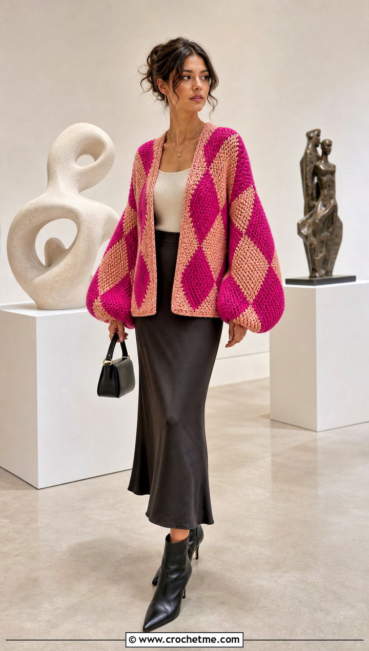 Balloon Sleeve Howl Crochet Cardigan With Bias Cut Skirt - 25 Howl Crochet Cardigan outfit ideas