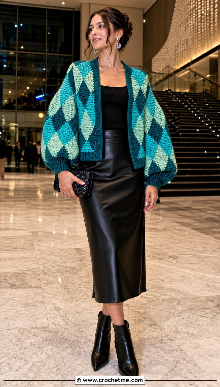 Balloon Sleeve Howls Crochet Sweater With Leather Midi Skirt - 25 Howls Crochet Sweater outfit ideas