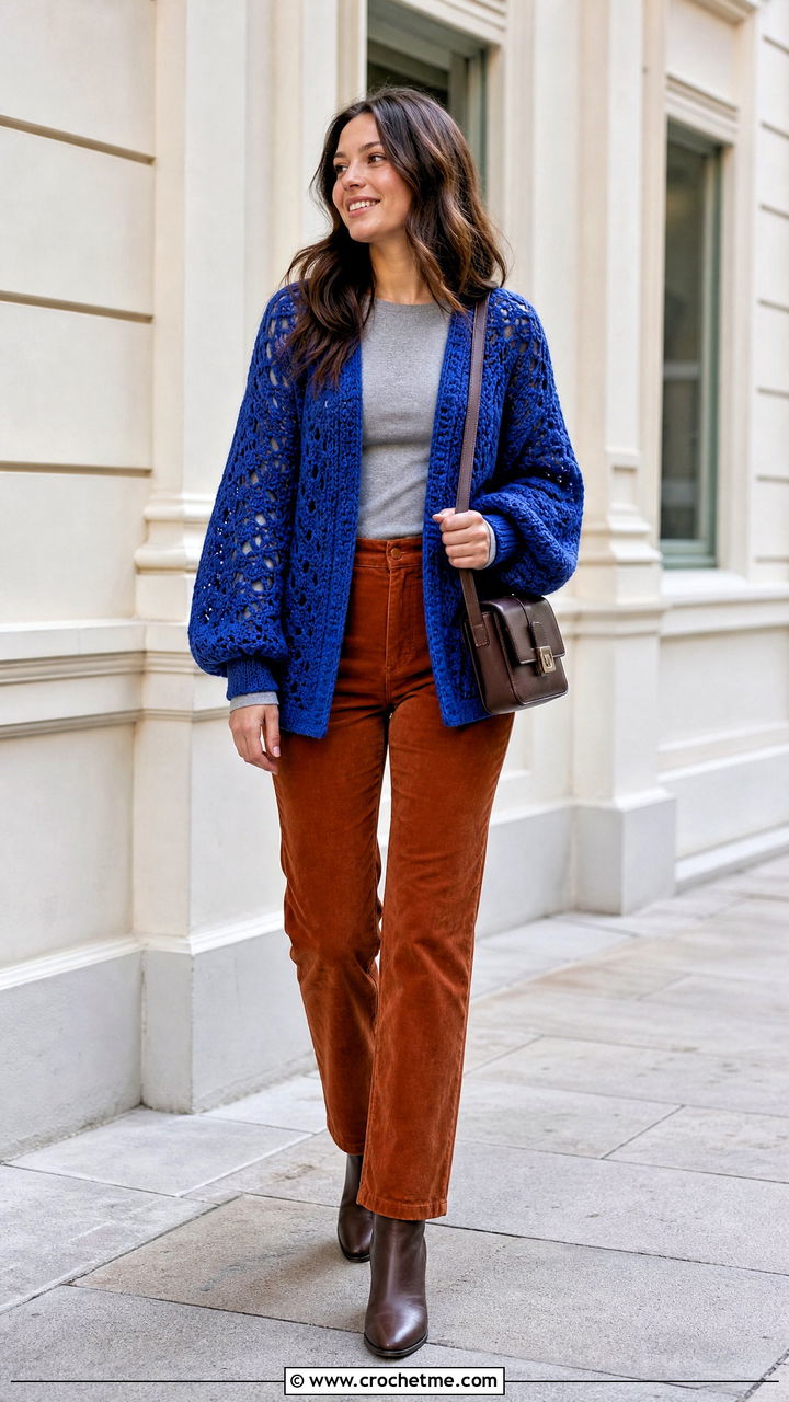 Balloon Sleeve Lace Cardigan With Corduroy Pants - 35 crochet lace cardigan outfit ideas