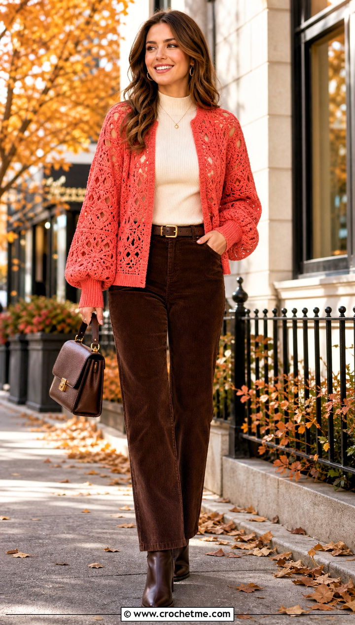 Balloon Sleeve Lace Crochet Cardigan With Corduroy Pants - 25 Lacy Crochet Cardigan outfit ideas