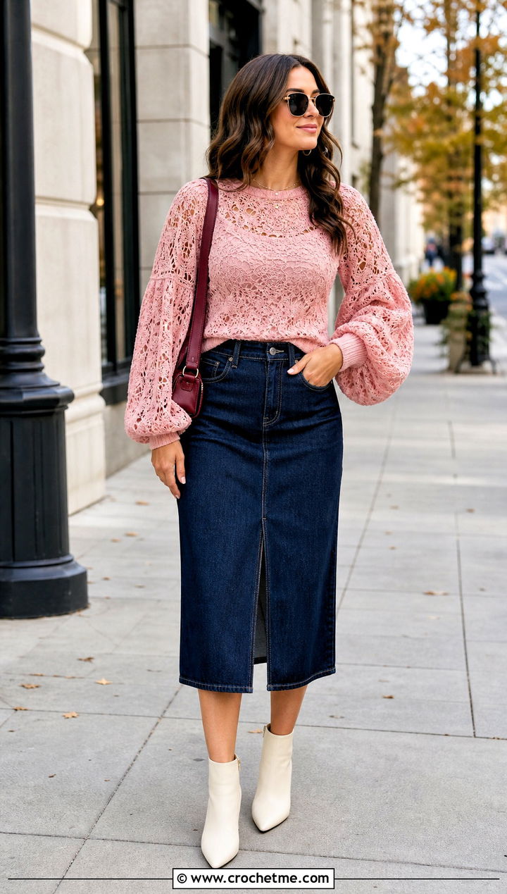 Balloon Sleeve Lace Weight Crochet Sweater With Denim Midi Skirt - 15 Lace Weight Crochet Sweater outfit ideas