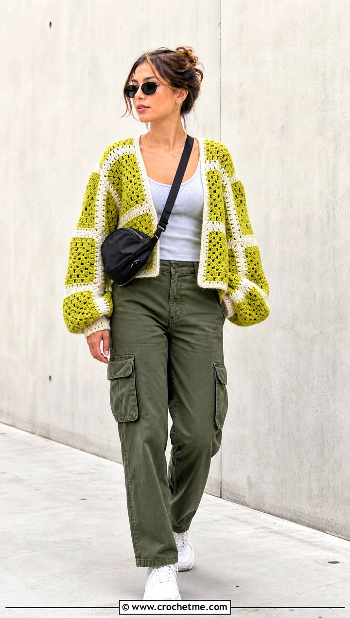 Balloon Sleeve Large Granny Square Sweater With Cargo Pants - 35 large granny square sweater outfit ideas