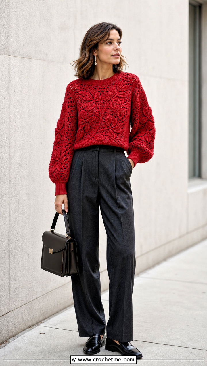 Balloon Sleeve Leaf Sweater With Pleated Trousers - 25 crochet leaf sweater outfit ideas
