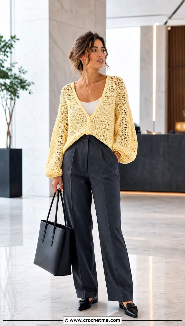 Balloon Sleeve Loose Crochet Sweater With Tailored Trousers - 30 loose crochet sweater outfit ideas