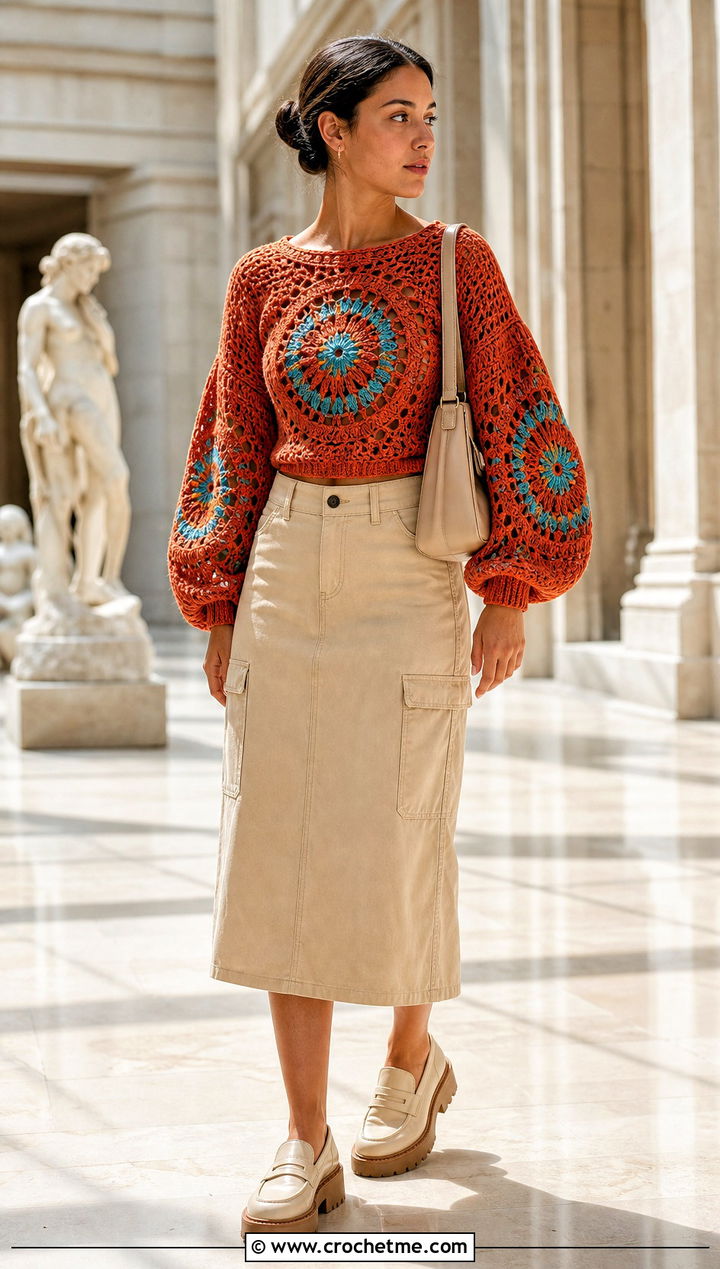 Balloon Sleeve Mandala Crochet Sweater With Utility Skirt - 25 Mandala Crochet Sweater outfit ideas