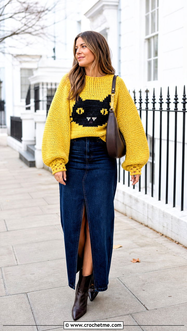 Balloon Sleeve Marceline Cat Sweater With Denim Maxi Skirt - 30 crochet marceline sweater outfit ideas