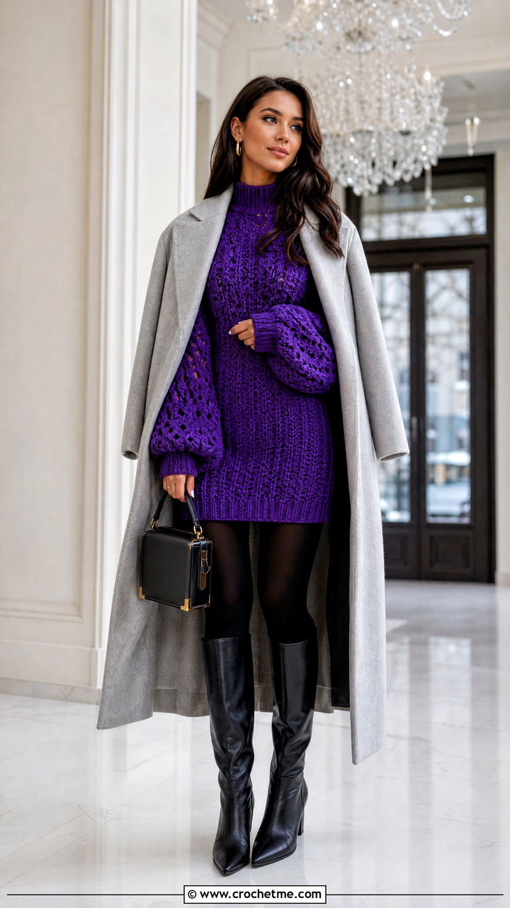 Balloon Sleeve Mini Crochet Winter Dress With Tall Boots - 35 crochet winter dress outfit ideas