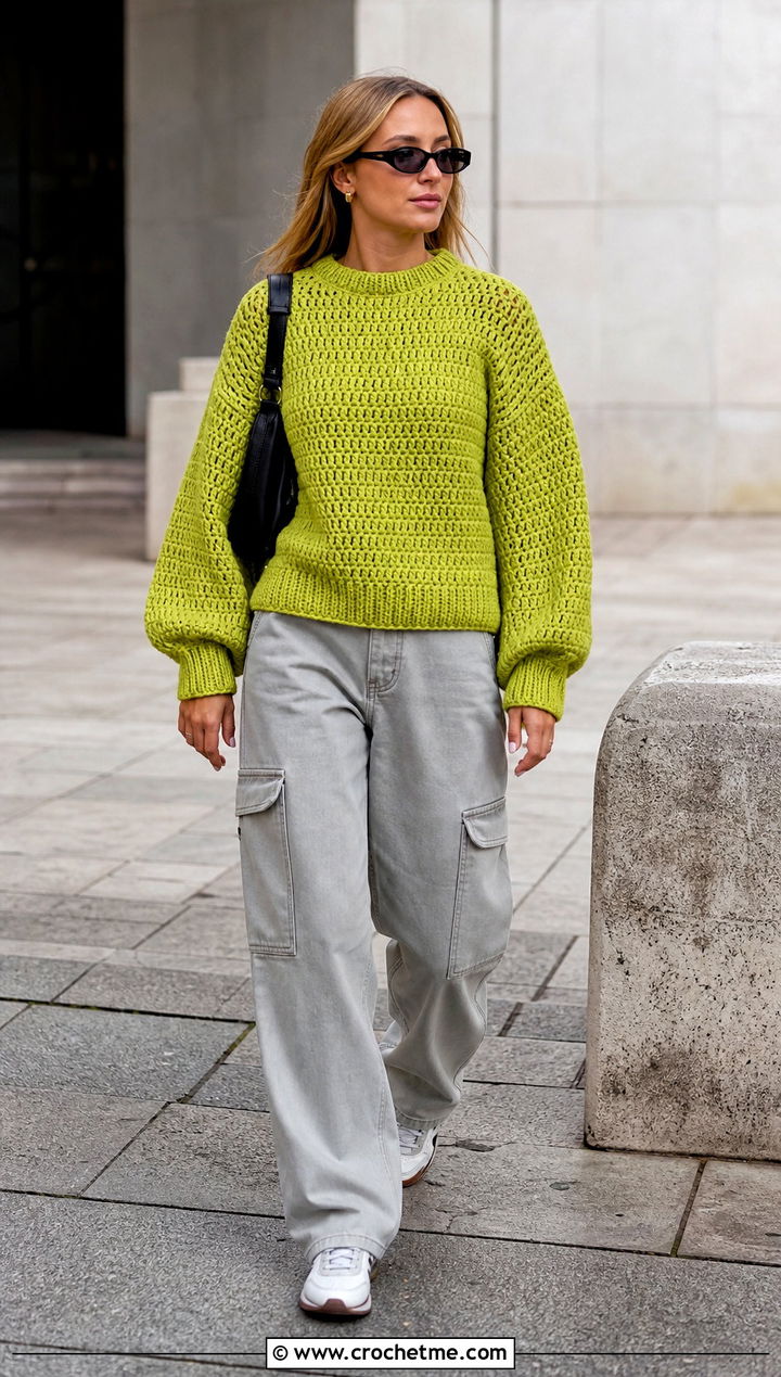 Balloon Sleeve Mock Knit Crochet Sweater With Cargo Pants - 15 Mock Knit Crochet Sweater outfit ideas