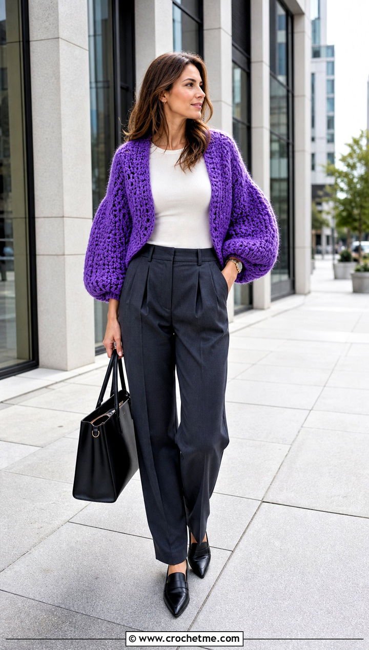 Balloon Sleeve Mohair Crochet Shrug With Tailored Trousers - 25 mohair crochet shrug outfit ideas