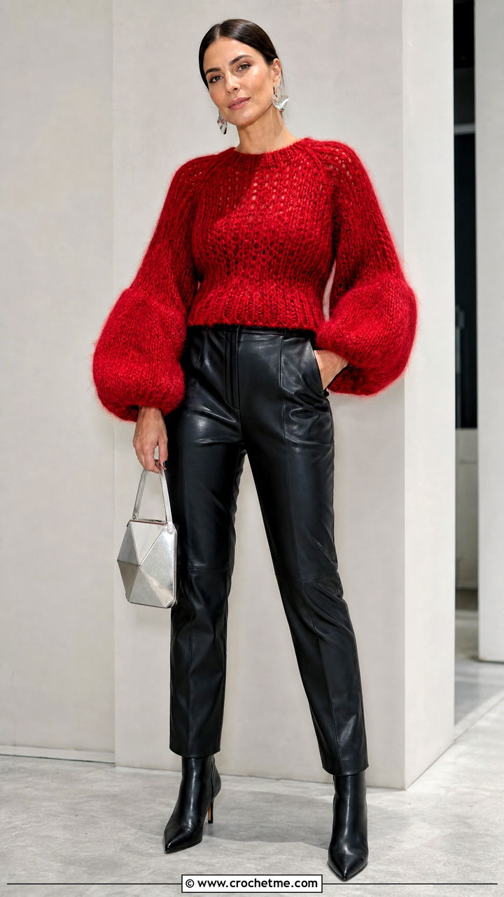 Balloon Sleeve Mohair Crochet Sweater With Leather Pants - 35 mohair crochet sweater outfit ideas