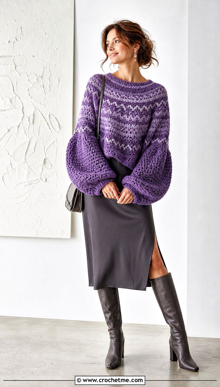 Balloon Sleeve Nordic Crochet Sweater Over A Slip Dress - 25 nordic crochet sweater outfit ideas