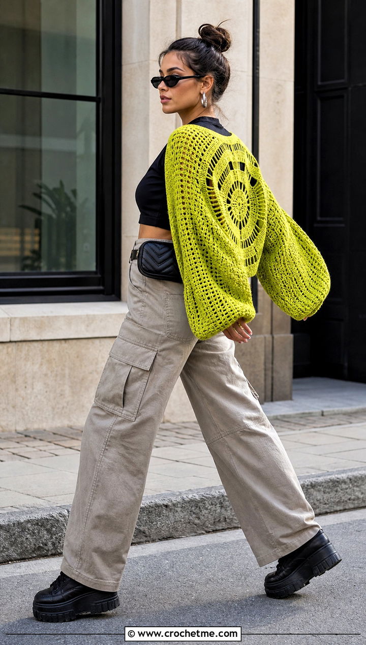 Balloon Sleeve Octagon Crochet Cardigan With Cargo Pants - 25 Octagon Crochet Cardigan outfit ideas