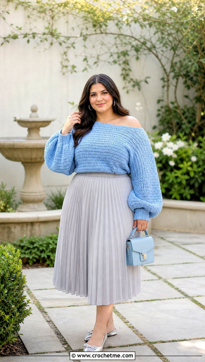 Balloon Sleeve Off Shoulder Crochet Sweater With Pleated Midi Skirt - 35 off shoulder crochet sweater outfit ideas