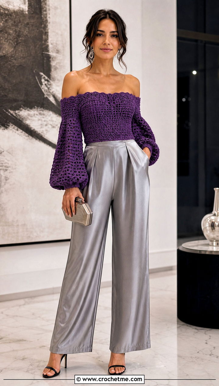 Balloon Sleeve Off Shoulder Crochet Top With Satin Pants - 30 Off Shoulder Crochet Top outfit ideas