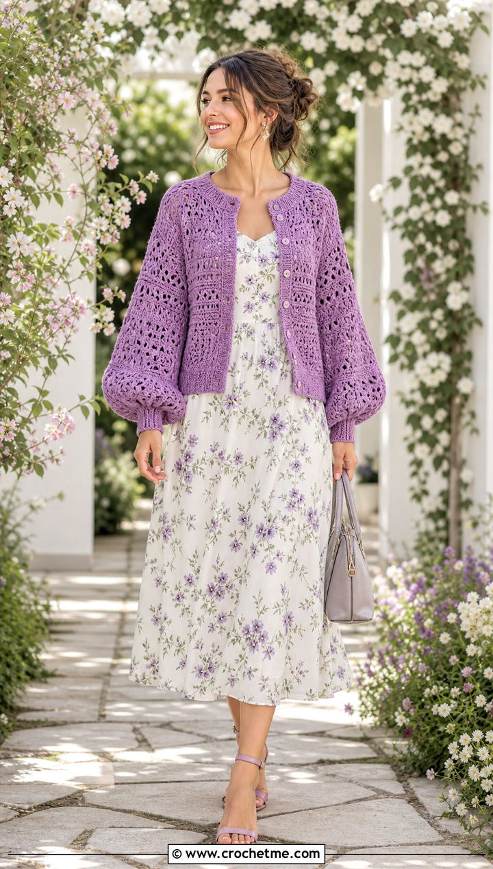 Balloon Sleeve One Piece Crochet Cardigan With Floral Midi Dress - 35 one piece crochet cardigan outfit ideas