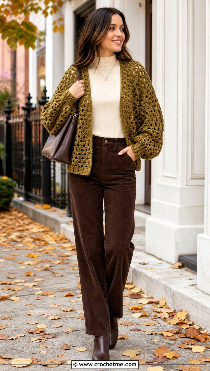 Balloon Sleeve Open Stitch Crochet Cardigan With Corduroy Pants - 30 Crochet Lightweight Cardigan outfit ideas