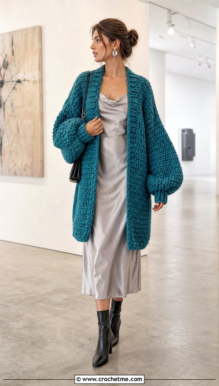 Balloon Sleeve Oversized Chunky Crochet Cardigan With Slip Dress - 25 oversized chunky crochet cardigan outfit ideas