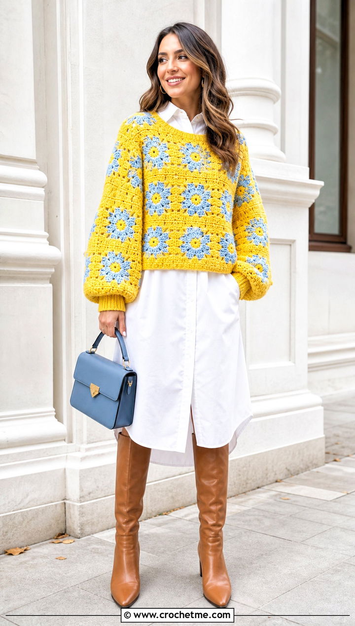 Balloon Sleeve Oversized Granny Square Sweater With Shirt Dress - 15 Crochet Oversized Granny Square Sweater outfit ideas