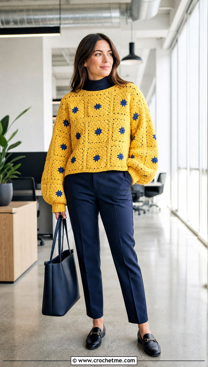 Balloon Sleeve Oversized Granny Square Sweater With Tailored Trousers - 30 oversized granny square sweater outfit ideas