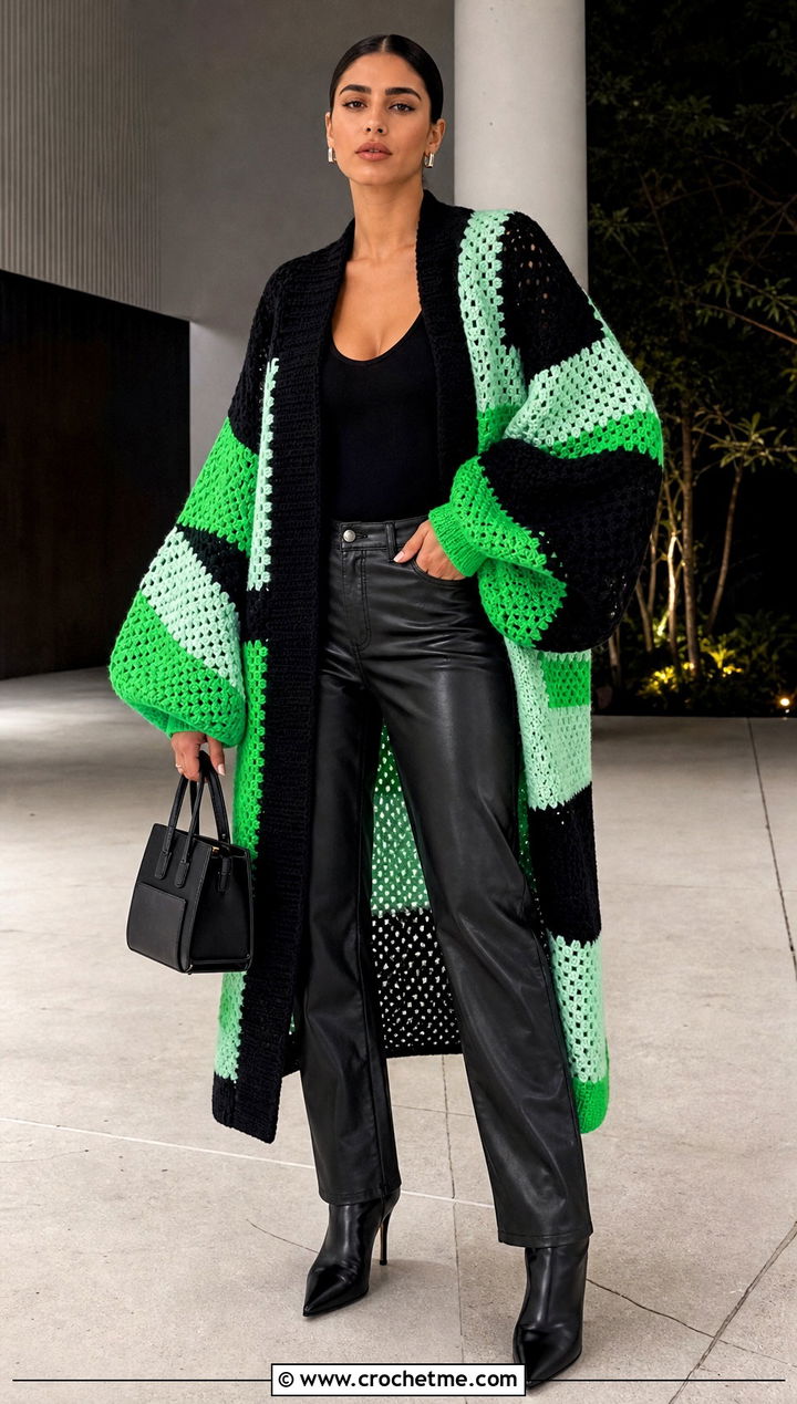 Balloon Sleeve Oversized Patchwork Crochet Cardigan With Leather Pants - 15 oversized patchwork crochet cardigan outfit ideas