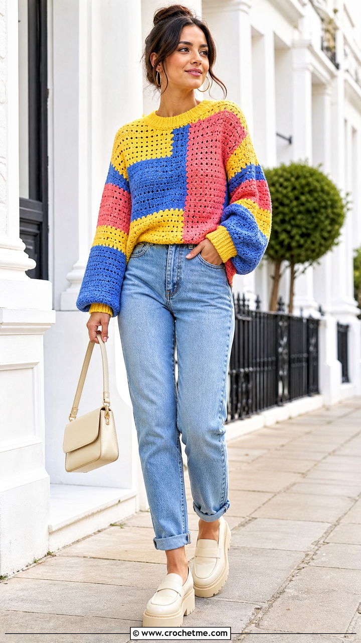 Balloon Sleeve Patchwork Crochet Sweater With Mom Jeans - 35 patchwork crochet sweater outfit ideas