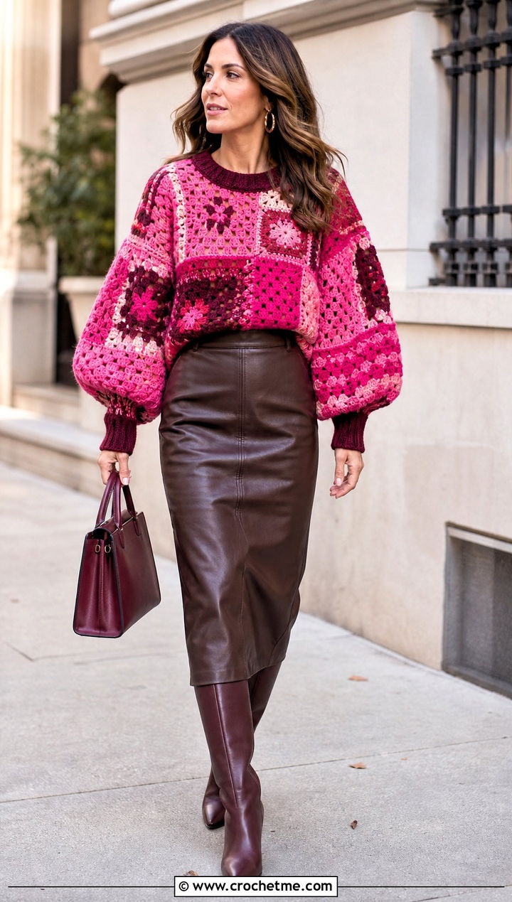 Balloon Sleeve Patchwork Jumper With Leather Midi Skirt - 15 crochet patchwork jumper outfit ideas