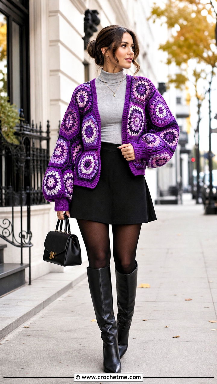 Balloon Sleeve Pentagon Granny Square Cardigan With Mini Skirt - 25 Pentagon Granny Square Cardigan outfit ideas