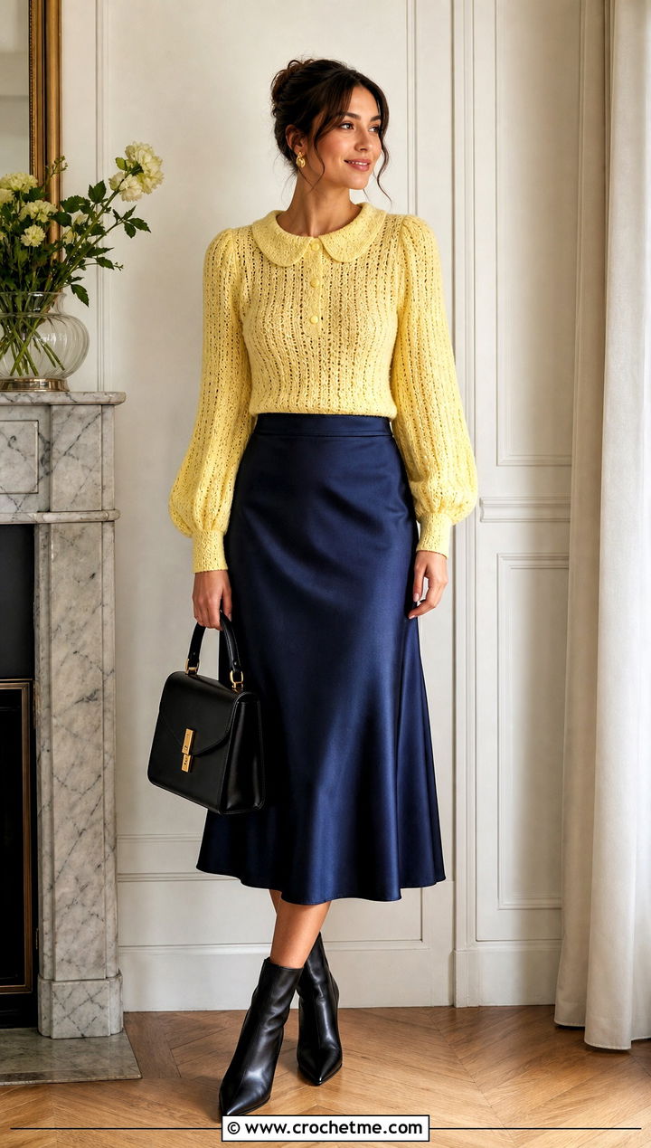 Balloon Sleeve Peter Pan Collar Sweater With Satin Skirt - 35 crochet sweater with collar outfit ideas