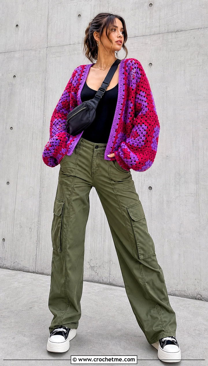 Balloon Sleeve Pink Granny Square Cardigan With Cargo Pants - 35 pink granny square cardigan outfit ideas