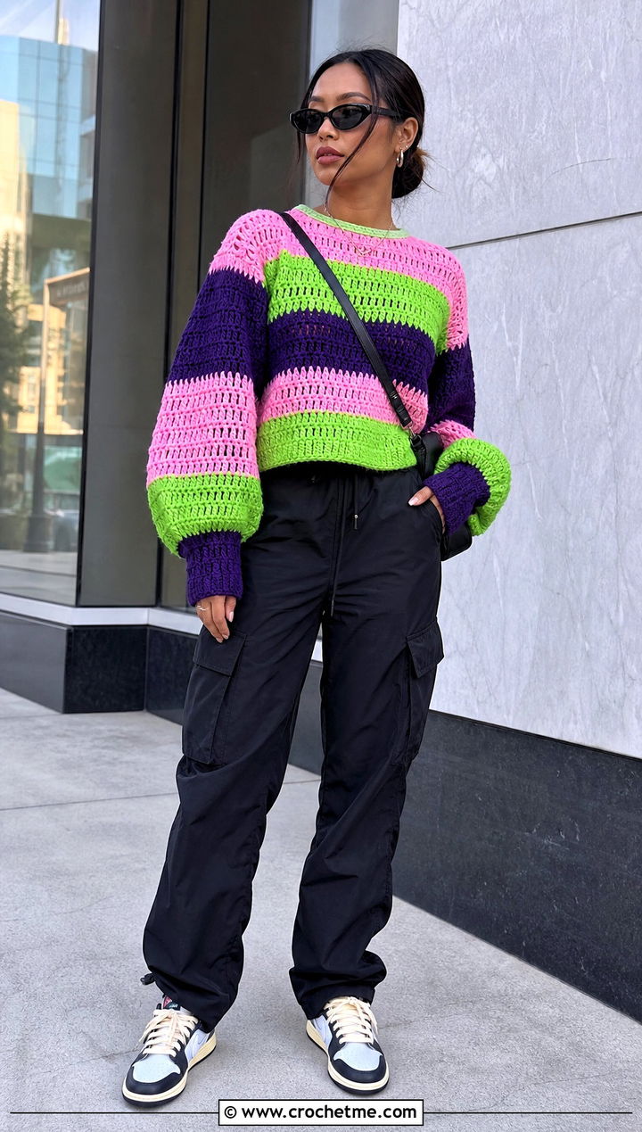 Balloon Sleeve Princess Bubblegum Crochet Sweater With Cargo Pants - 15 Crochet Princess Bubblegum Sweater outfit ideas