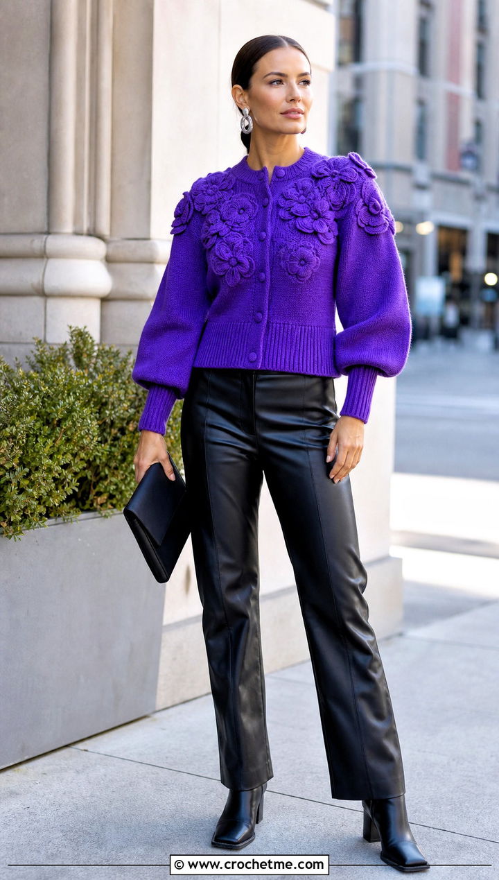 Balloon Sleeve Puff Flower Cardigan With Leather Pants - 15 Crochet Puff Flower Cardigan outfit ideas