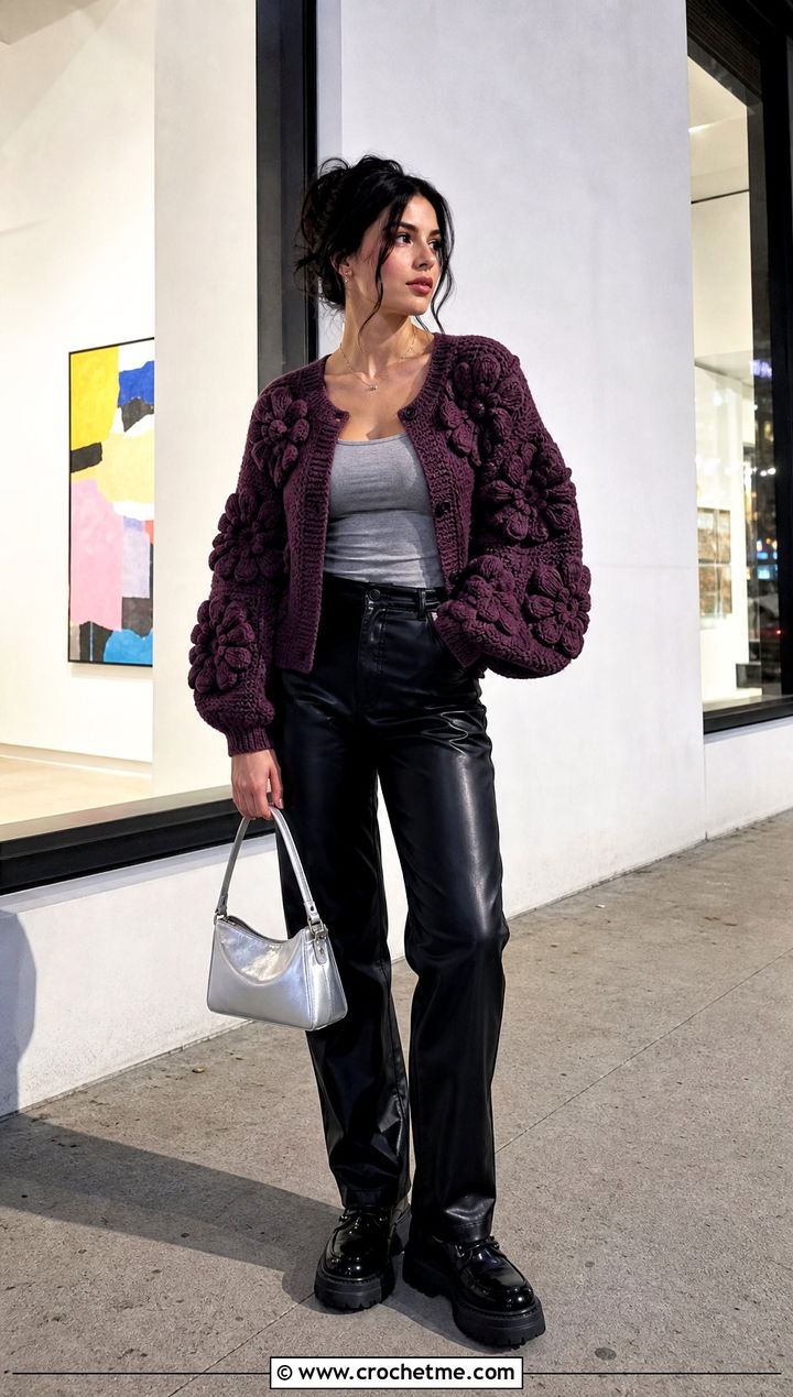 Balloon Sleeve Puff Flower Crochet Cardigan With Leather Pants - 25 puff flower crochet cardigan outfit ideas