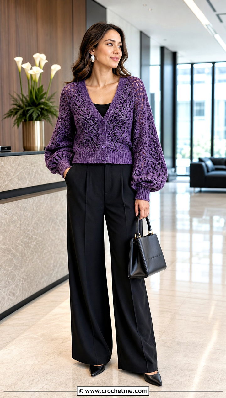 Balloon Sleeve Purple Crochet Cardigan With Black Trousers - 35 purple crochet cardigan outfit ideas