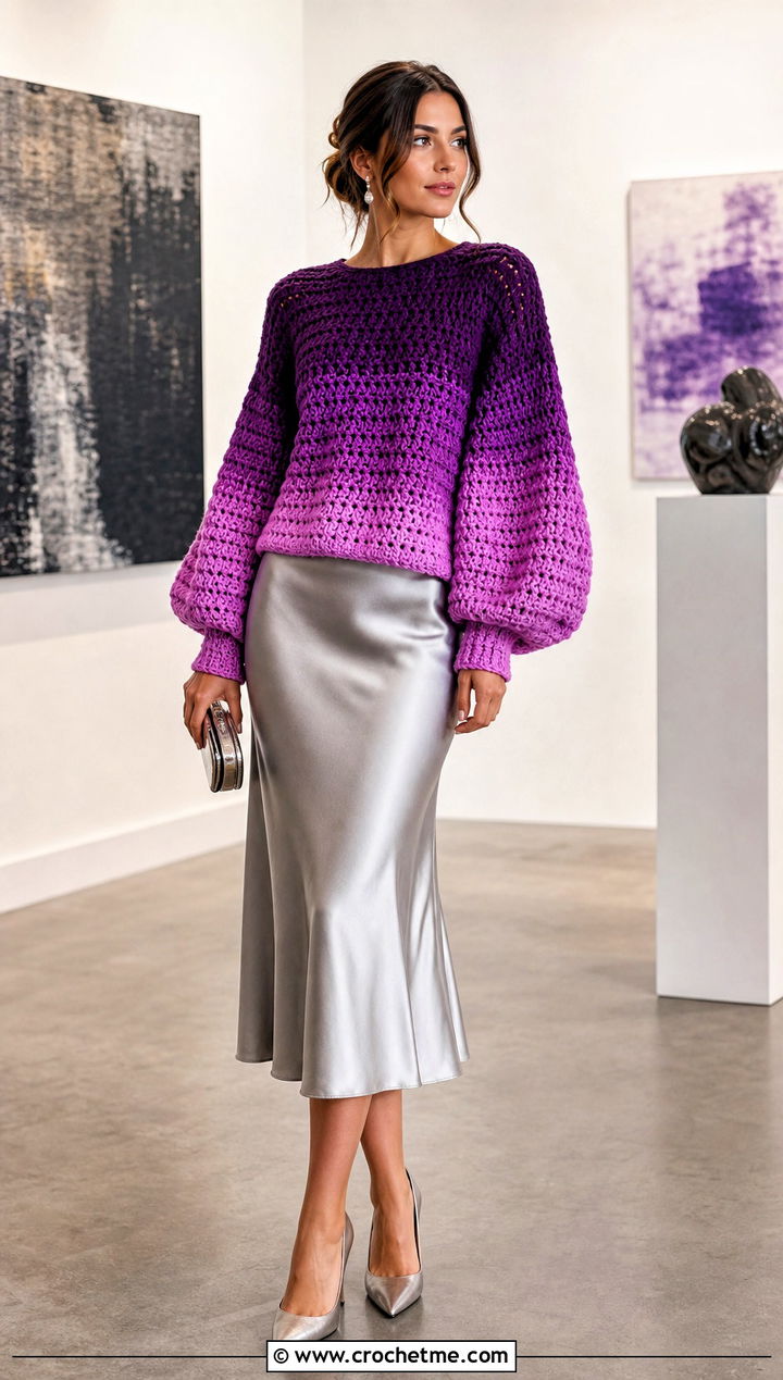 Balloon Sleeve Purple Ombre Crochet Sweater With Satin Midi Skirt - 15 purple ombre crochet sweater outfit ideas