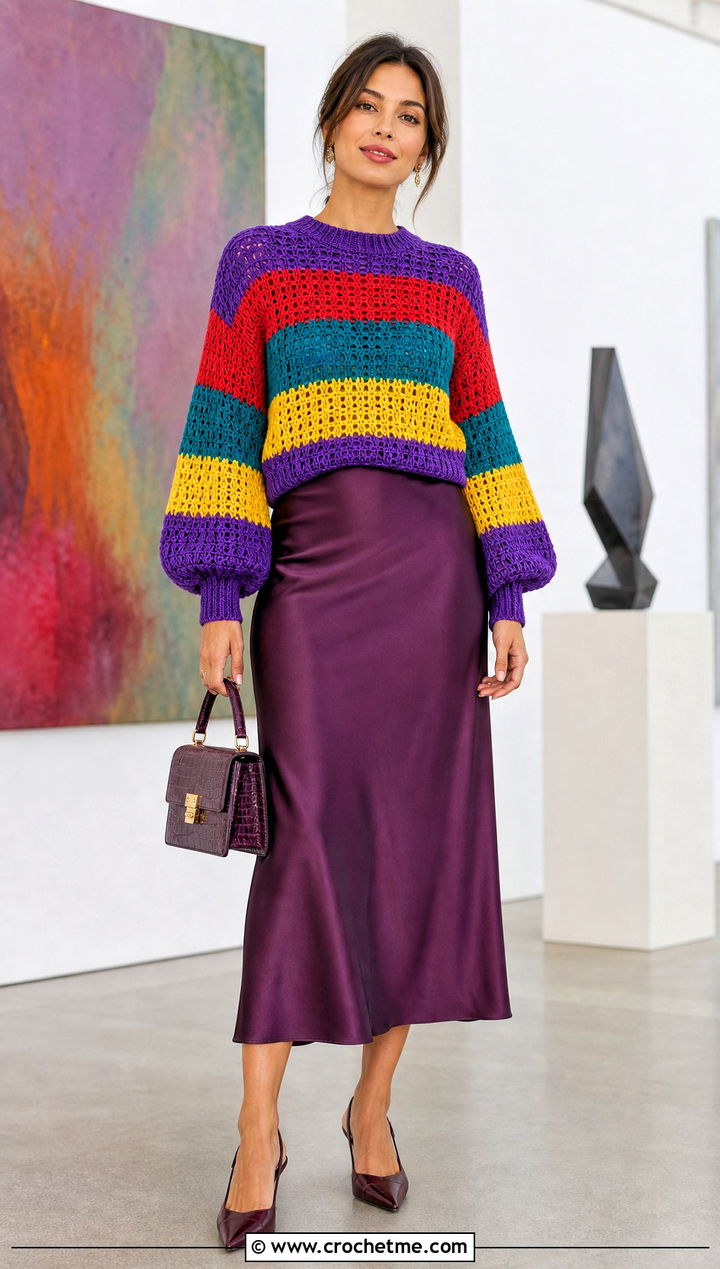 Balloon Sleeve Rainbow Striped Crochet Sweater With Satin Midi Skirt - 15 rainbow striped crochet sweater outfit ideas