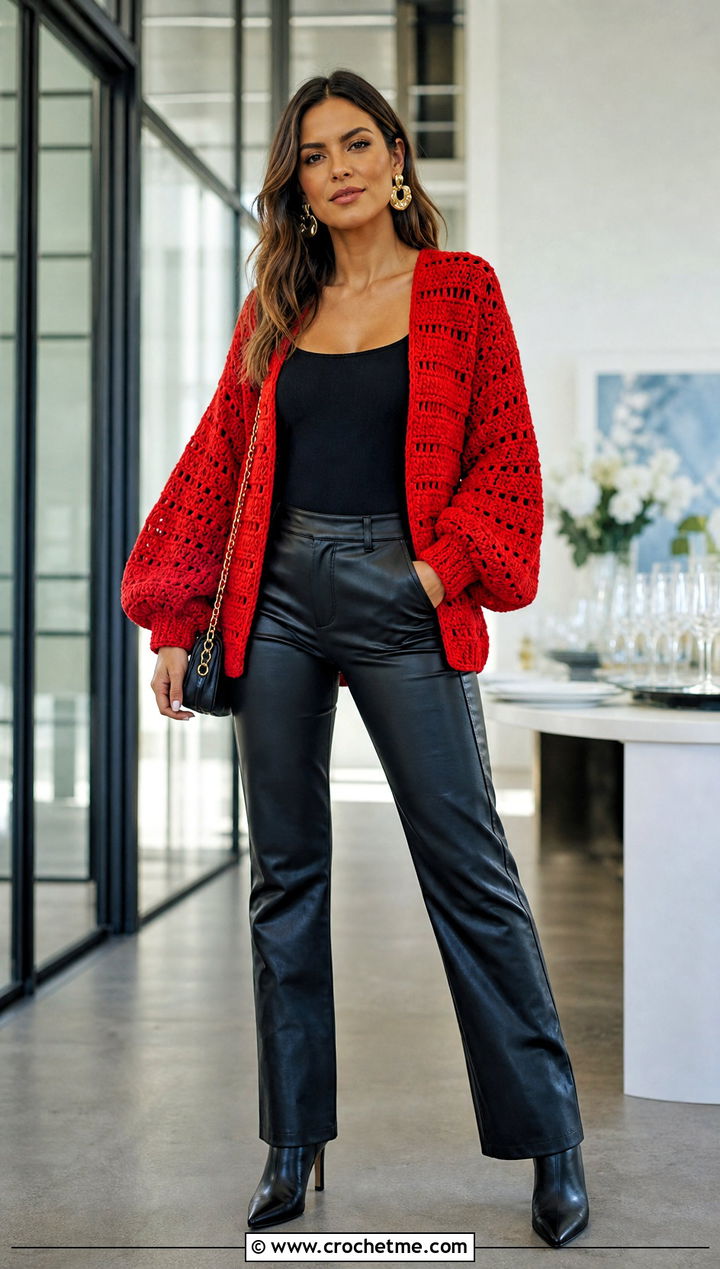Balloon Sleeve Rectangle Cardigan With Leather Pants - 15 Crochet Rectangle Cardigan outfit ideas