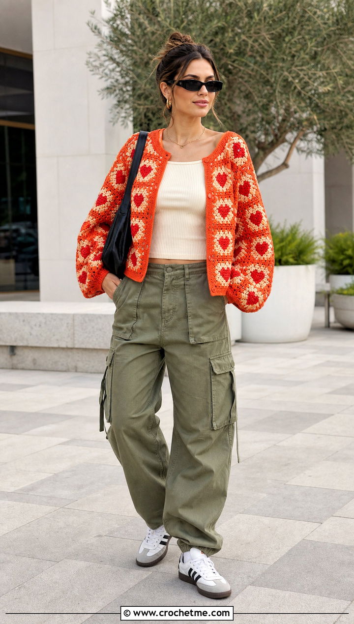 Balloon Sleeve Red Heart Granny Square Cardigan With Cargo Pants - 15 red heart granny square cardigan outfit ideas