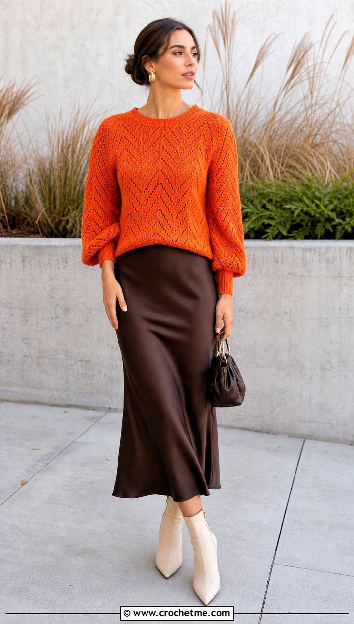 Balloon Sleeve Ripple Crochet Sweater With A Satin Midi Skirt - 20 Ripple Crochet Sweater outfit ideas