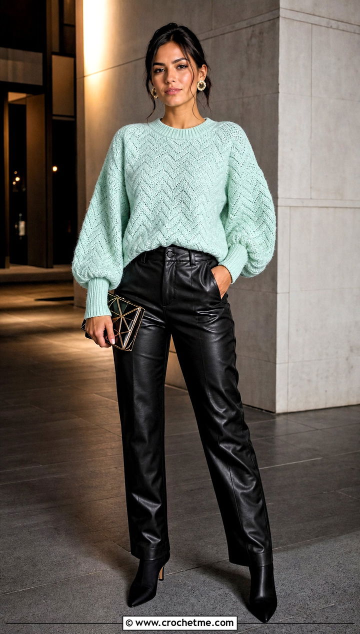 Balloon Sleeve Ripple Stitch Sweater With Leather Pants - 25 Crochet Ripple Stitch Sweater outfit ideas