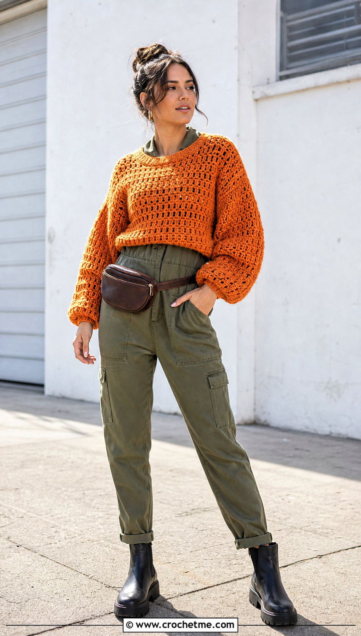 Balloon Sleeve Round Neck Crochet Sweater With Utility Jumpsuit - 15 crochet round sweater outfit ideas