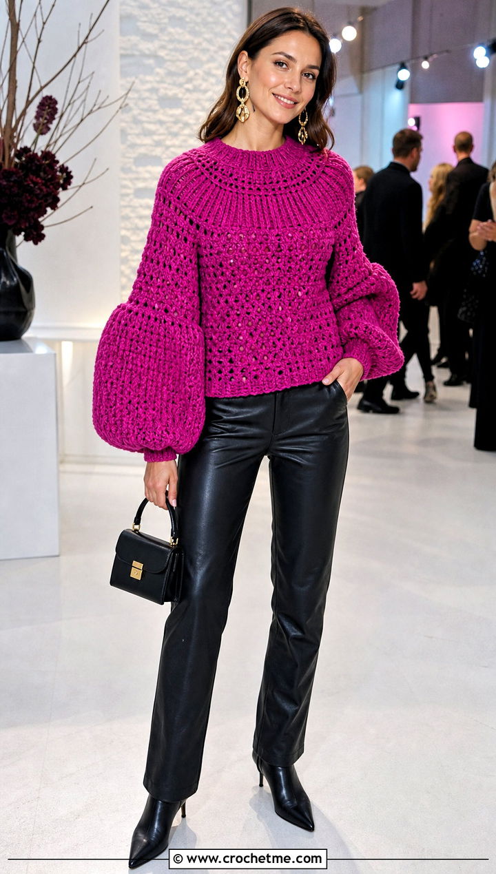 Balloon Sleeve Round Yoke Crochet Sweater With Leather Pants - 20 Round Yoke Crochet Sweater outfit ideas