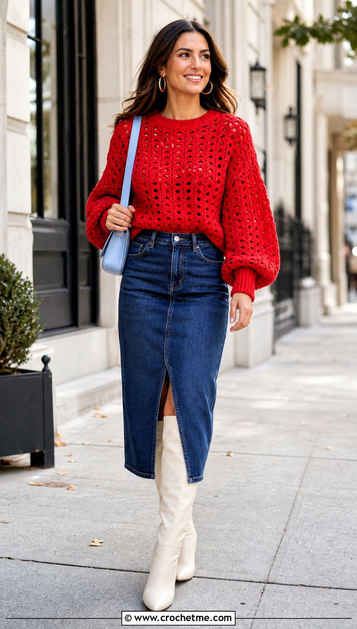 Balloon Sleeve Rustic Red Crochet Sweater With Denim Midi Skirt - 15 rustic red crochet sweater outfit ideas