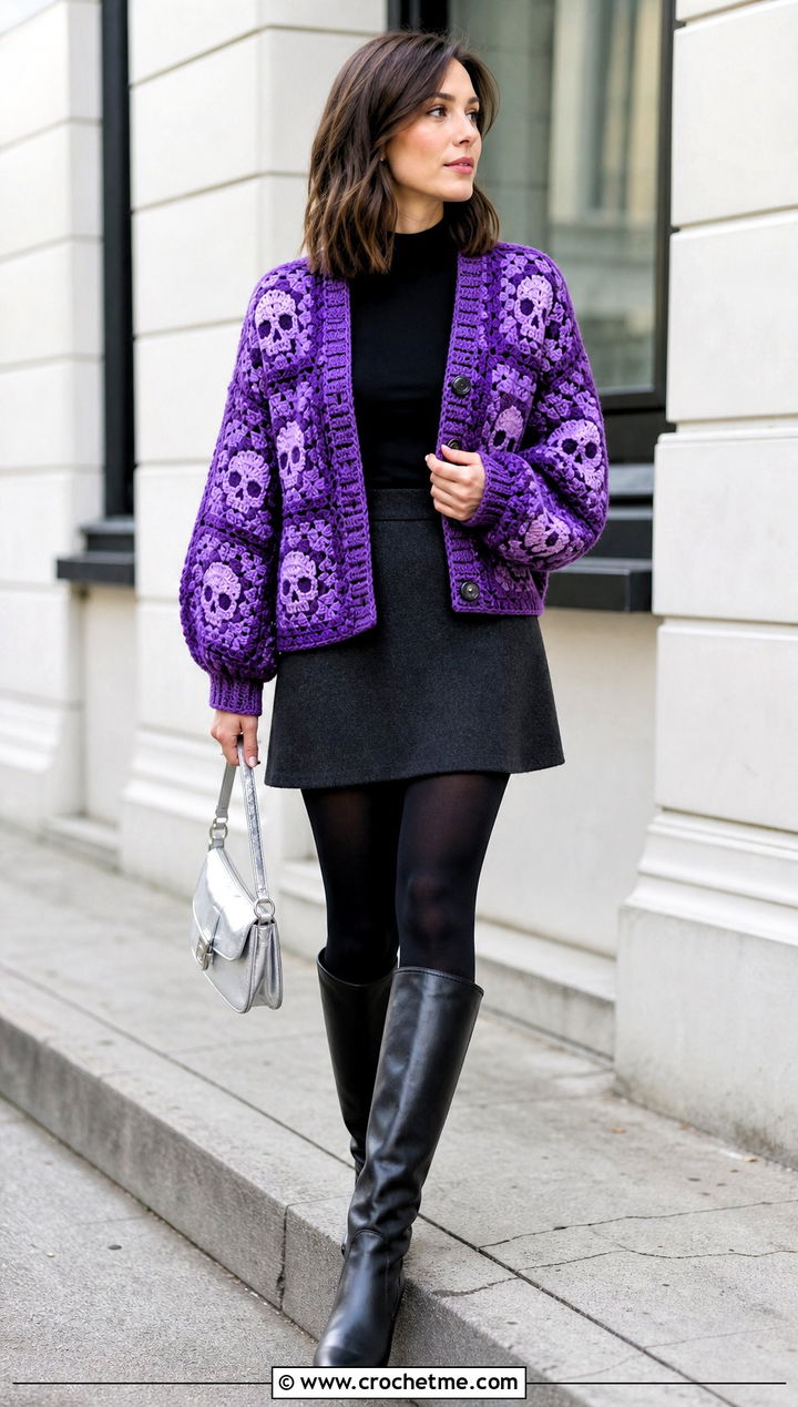 Balloon Sleeve Skull Granny Square Cardigan With Mini Skirt - 30 skull granny square cardigan outfit ideas