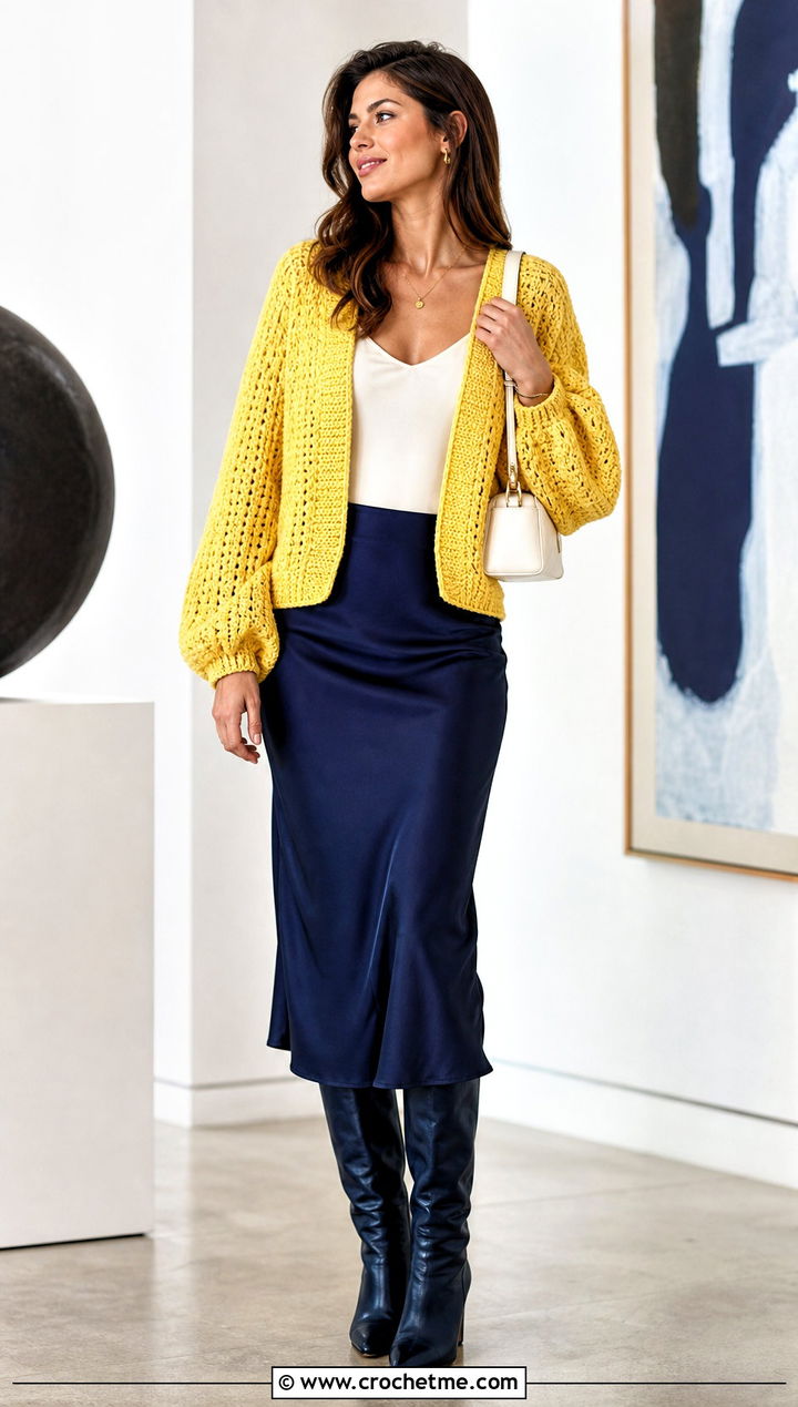 Balloon Sleeve Slouchy Crochet Cardigan With A Slip Skirt - 25 Slouchy Crochet Cardigan outfit ideas