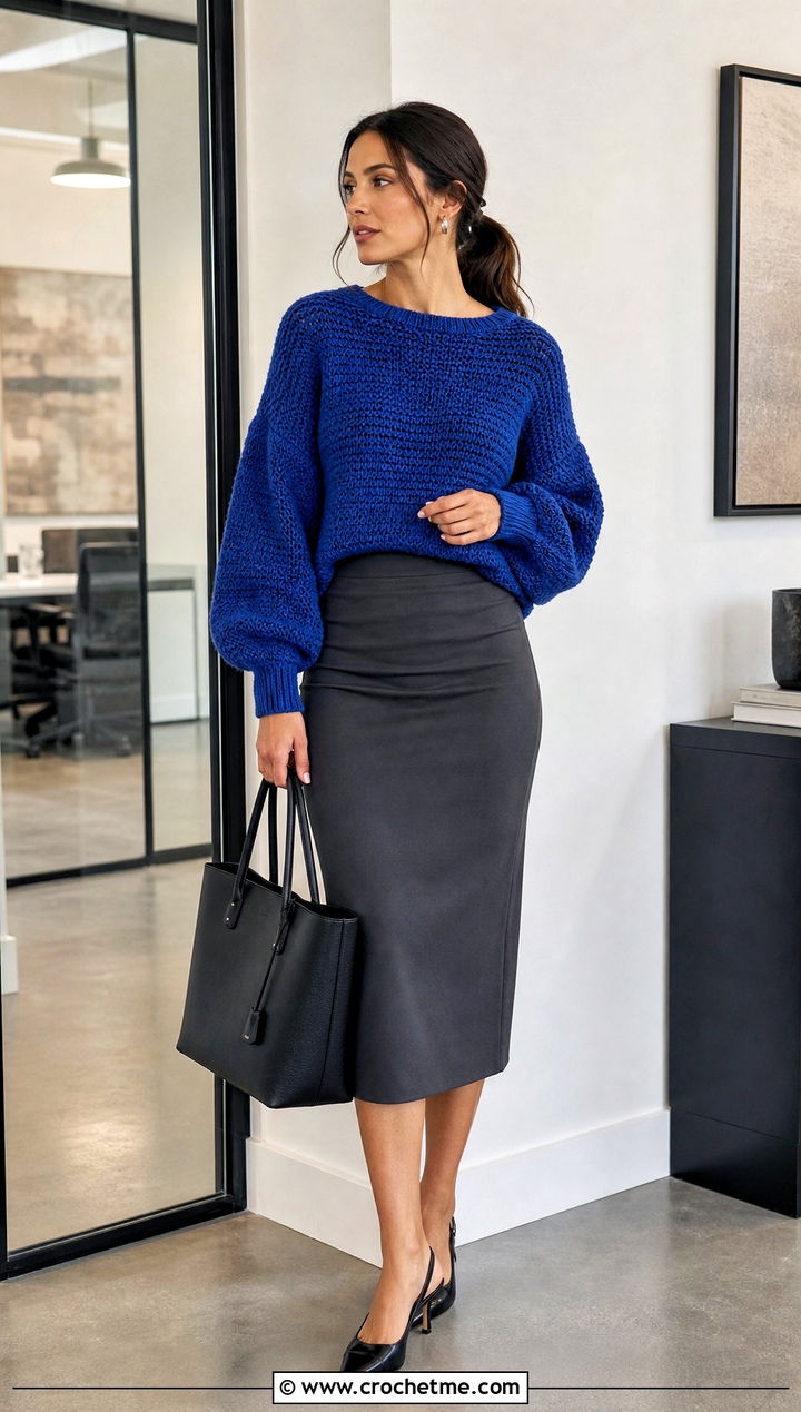 Balloon Sleeve Slouchy Crochet Sweater With Pencil Skirt - 25 slouchy crochet sweater outfit ideas