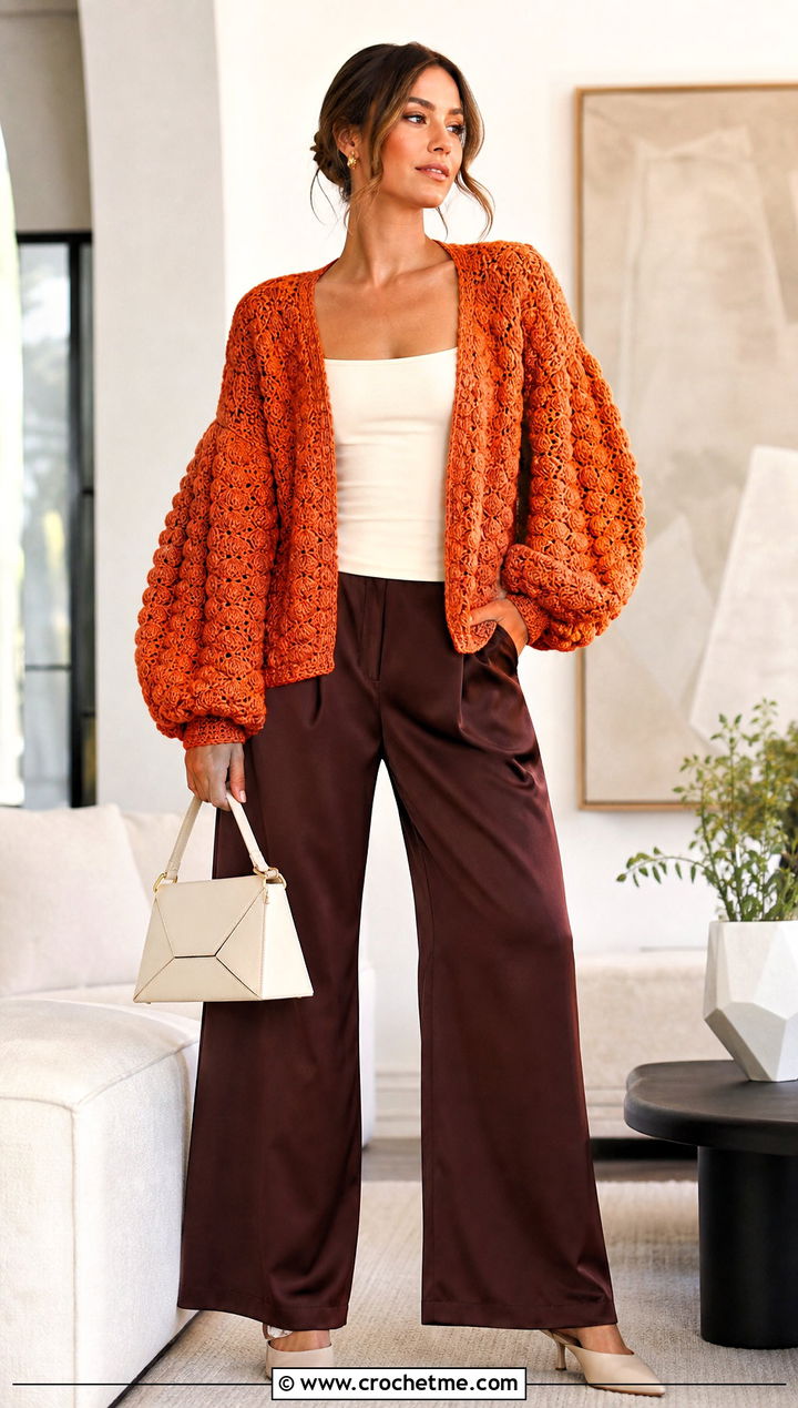 Balloon Sleeve Sofa Crochet Sweater With Satin Pants - 15 sofa crochet sweater outfit ideas