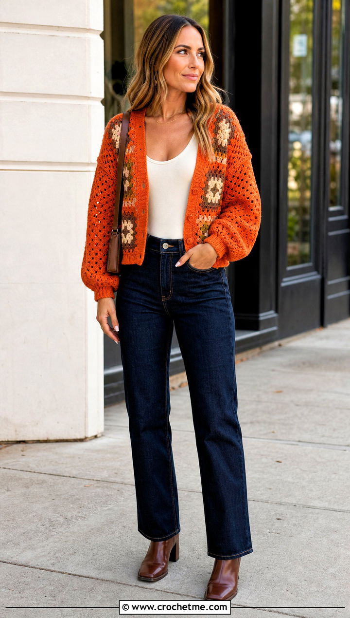 Balloon Sleeve Solid Granny Square Cardigan With Straight Leg Jeans - 20 Crochet Solid Granny Square Cardigan outfit ideas