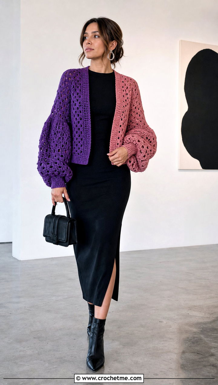 Balloon Sleeve Split Color Crochet Cardigan With Column Dress - 15 Split Color Crochet Cardigan outfit ideas