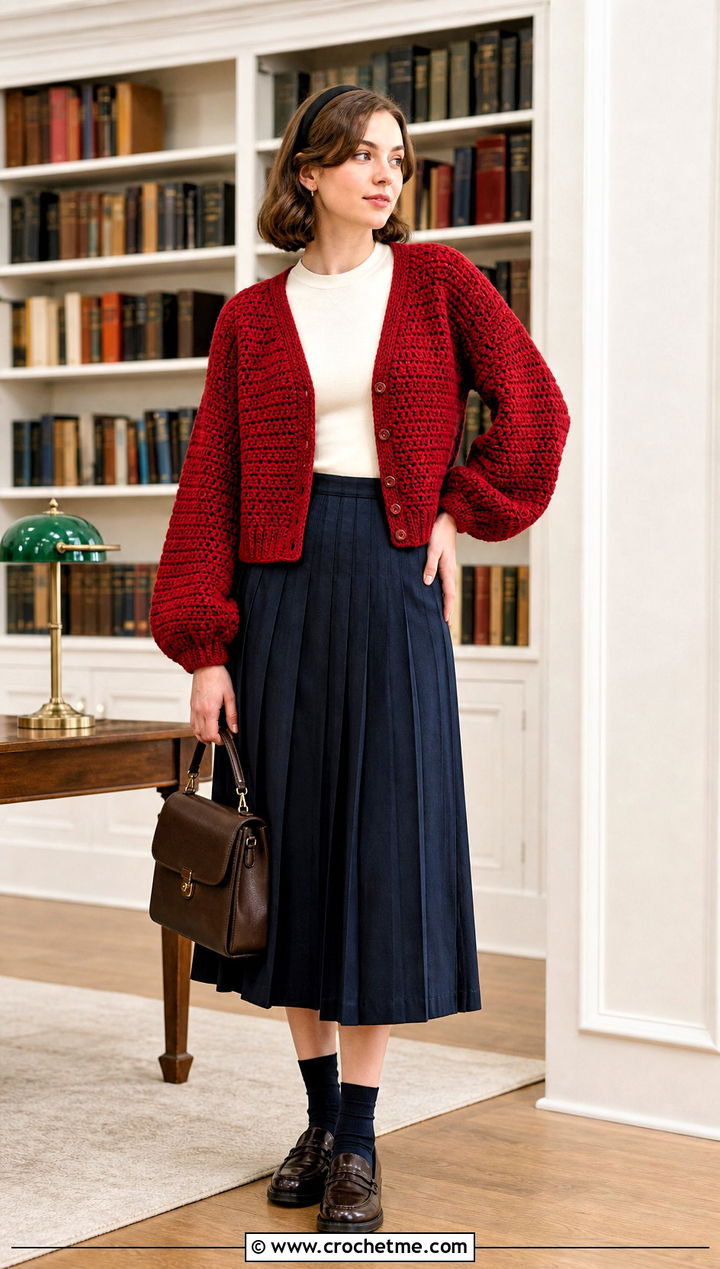 Balloon Sleeve Sport Weight Crochet Cardigan With Pleated Midi Skirt - 15 Sport Weight Crochet Cardigan outfit ideas